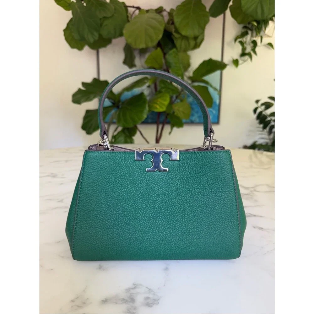 Tory Burch Mini Eleanor Soft Satchel Crossbody Dark Kale Green Pebbled Leather